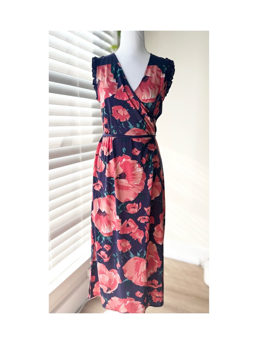 Navy Midi Wrap Dress with Pink Floral Print - Picture 1 of 6